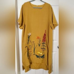 Womens Linen Blend Floral Embroidered GOLD Shift Dress Size XXL